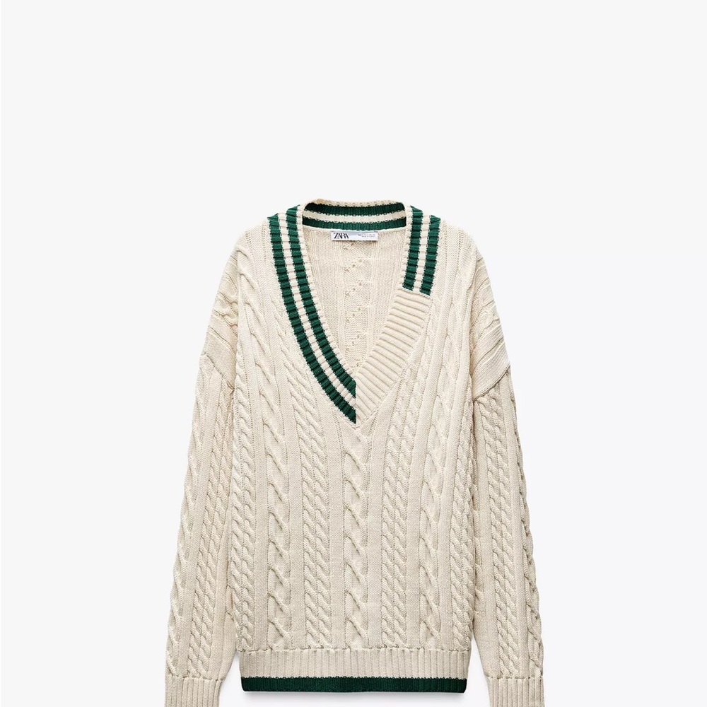 Zara Cream Cable-Knit V-Neck Sweater with Dark Green Stripe